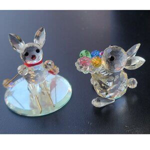 2 vtg Made in Canada Cute mini Faceted Crystal Bunny Rabbit Lot: Sled Ski Flower